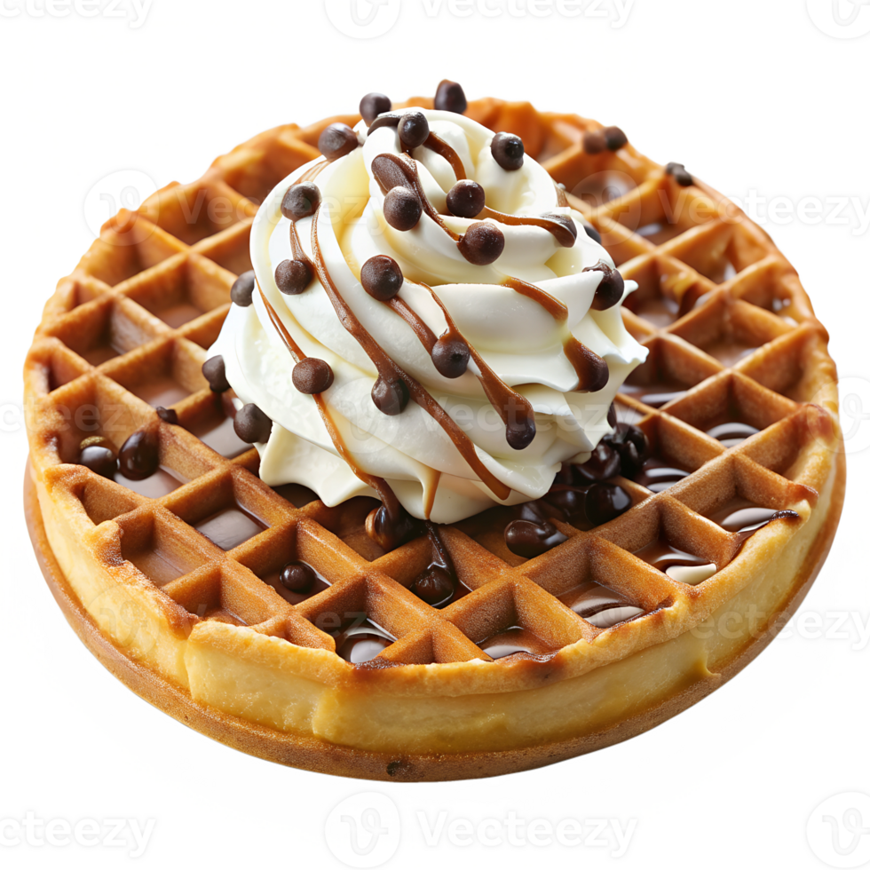 Waffle with whipped cream, chocolate chips, and caramel drizzle, transparent file png