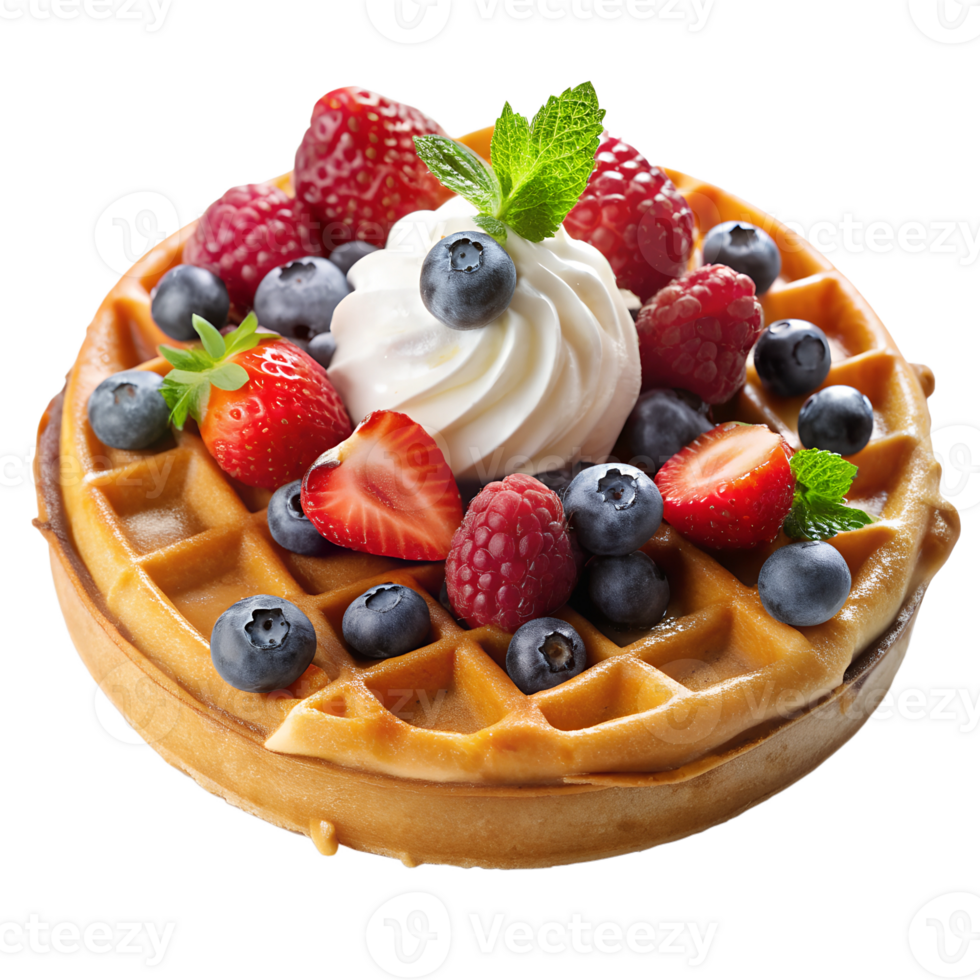 Belgian waffle with whipped cream and fresh berries transparent file png