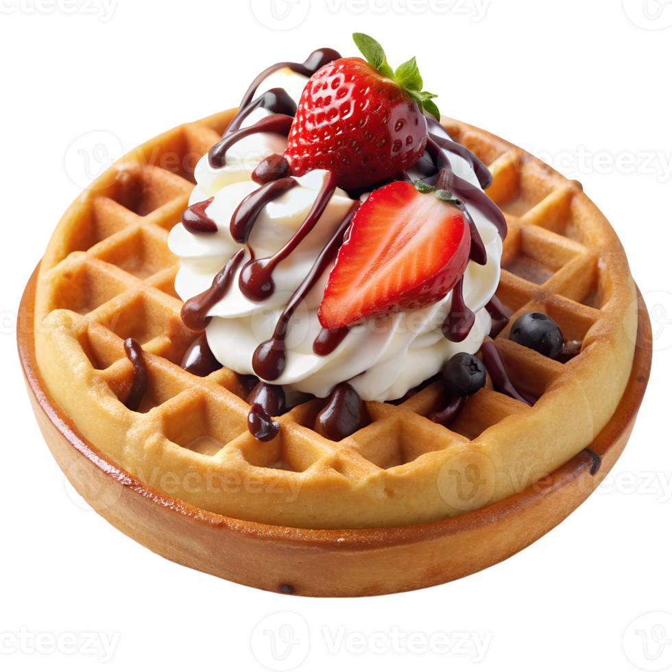 Belgian waffle with strawberries and cream, transparent file png