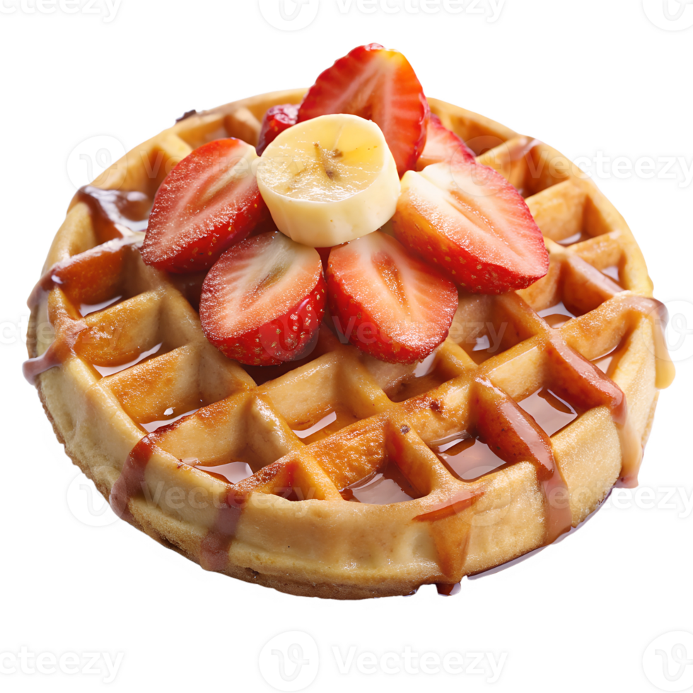 Crispy waffle with strawberries and banana topping transparent file png
