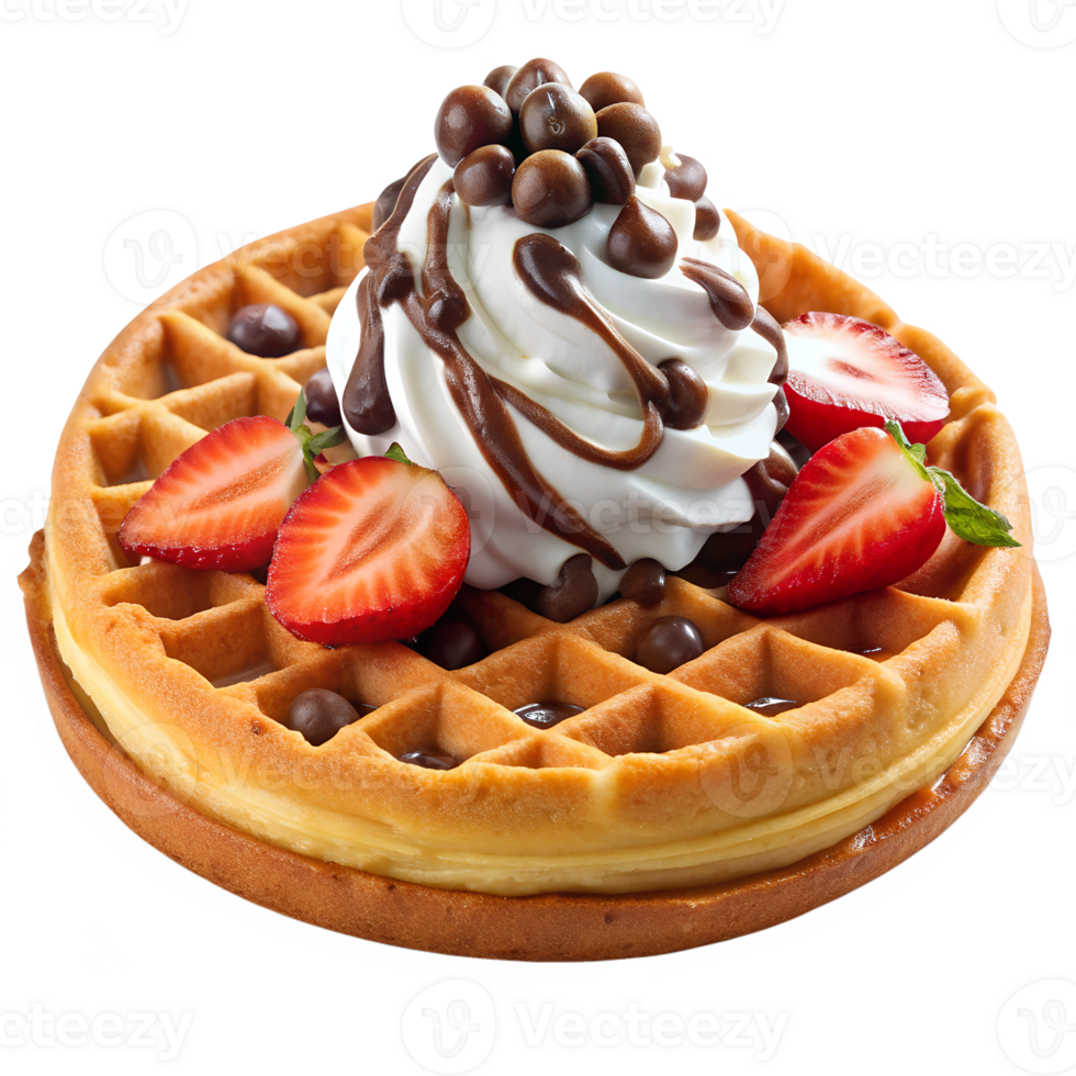 waffle topped with whipped cream and strawberries, transparent file png