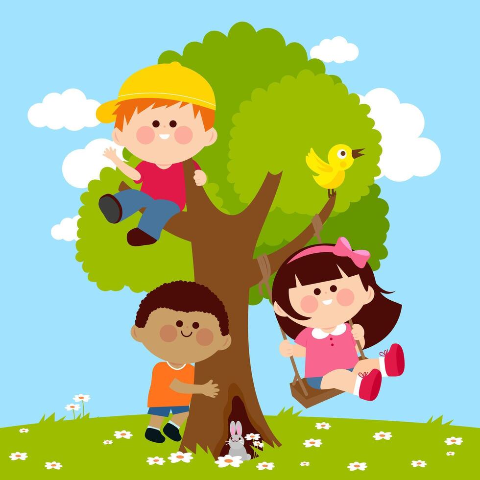 Children playing outdoors in the backyard and climbing on a tree. A girl is happily playing on a swing. Boys and girls play on a tree in the garden. Kids in the park playground play in nature. vector