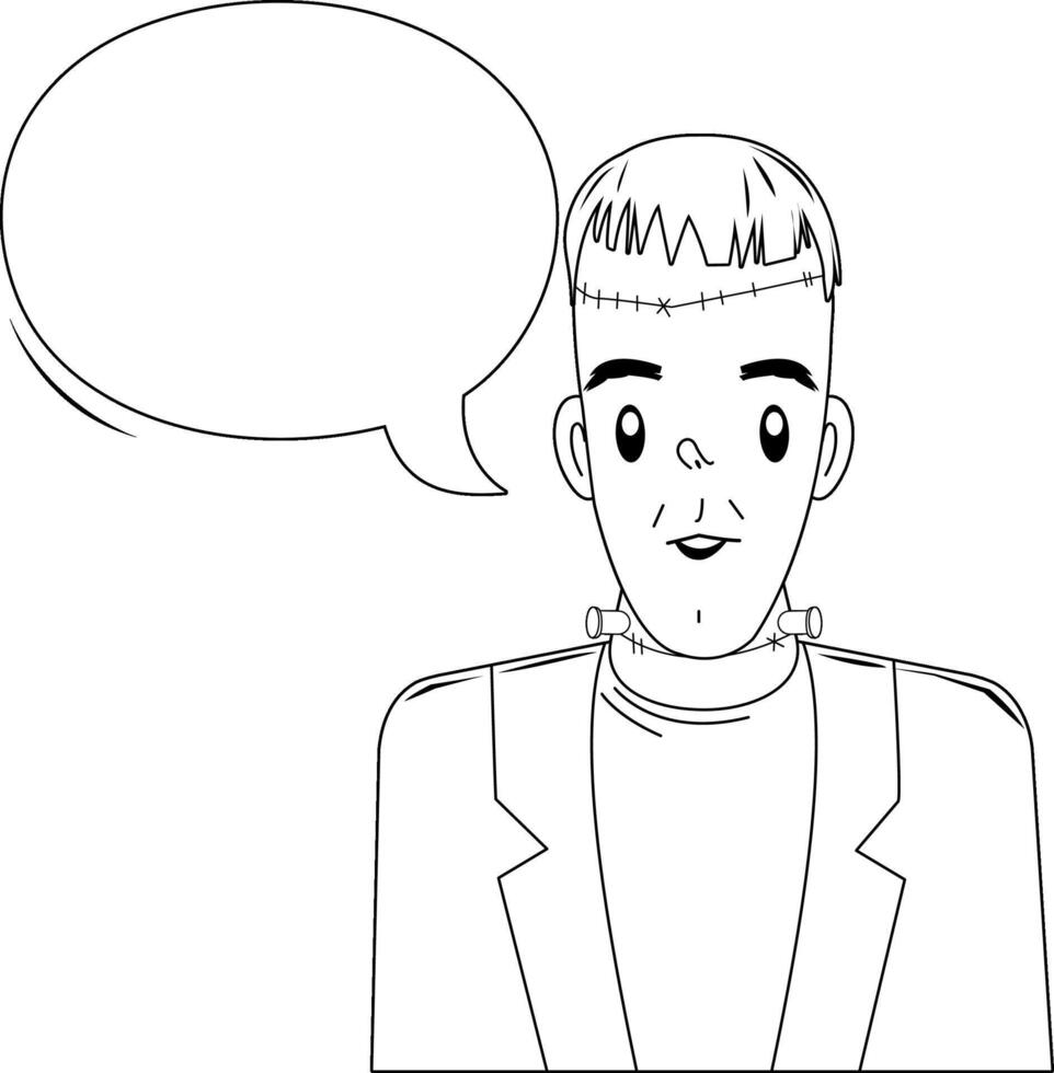 Halloween monster and a speech bubble. Spooky cartoon Frankenstein. Trick or treat party. Black and white coloring page. vector