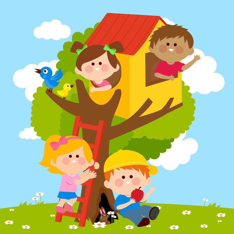 Diverse group of little children friends playing at the garden in a tree house and climbing on a tree. Kids, boys and girls in the park playground play in nature playhouse. vector