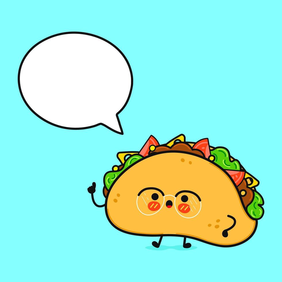 Taco with speech bubble. hand drawn cartoon kawaii character illustration icon. Isolated on blue background. Taco character concept vector