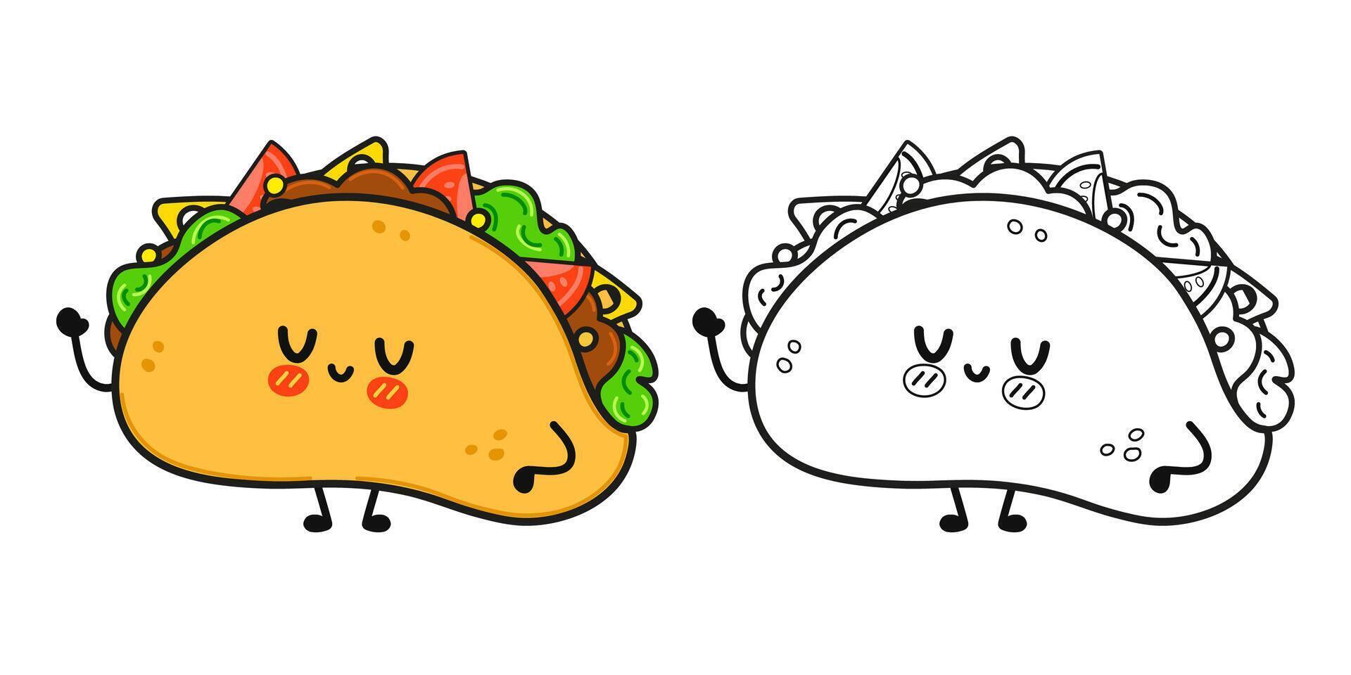 Funny cute happy Taco characters bundle set. hand drawn cartoon kawaii character illustration icon. Cute Taco. Outline cartoon illustration for coloring book vector