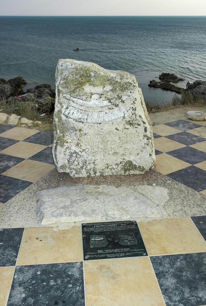 KRIMEA, UKRAINE - AUGUST 10, 2008 a memorial sign on the seashore in honor of the first underwater house in the USSR on Tarkhankut, Crimea photo
