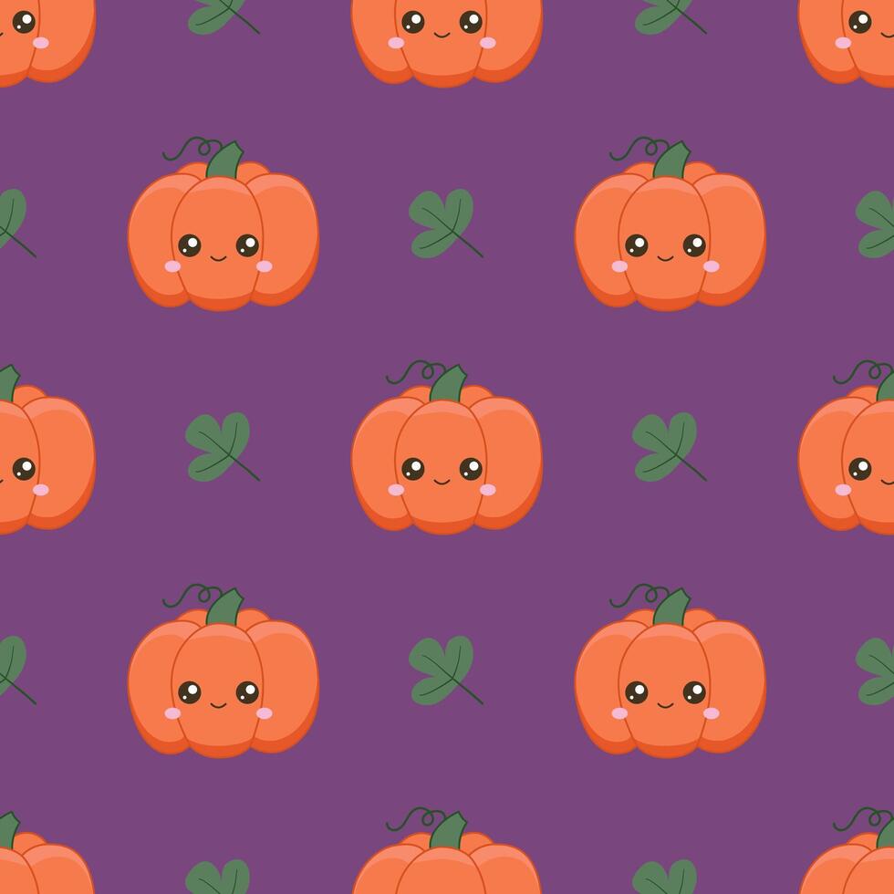 Background for the harvest festival. A ripe pumpkin with a cute face. Seamless pattern with kawaii vegetable character vector