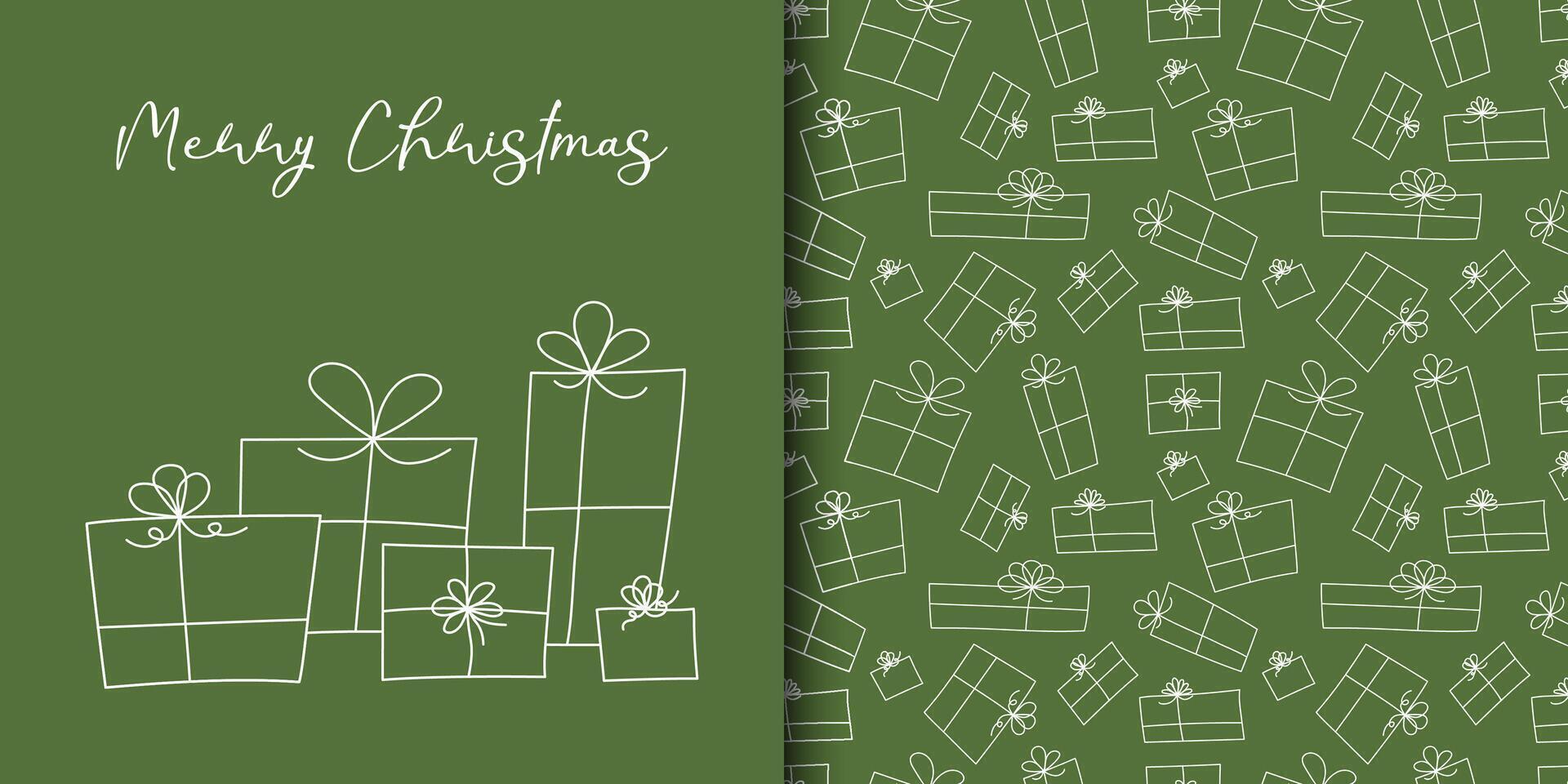 Christmas card and seamless pattern with hand-drawn doodle style gift boxes. Minimalist Christmas Design vector
