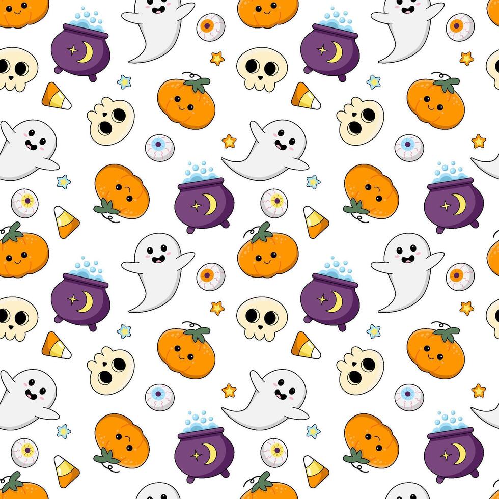 Halloween pattern. Seamless pattern with kawaii pumpkin, skull, boiling potion pot and ghost vector