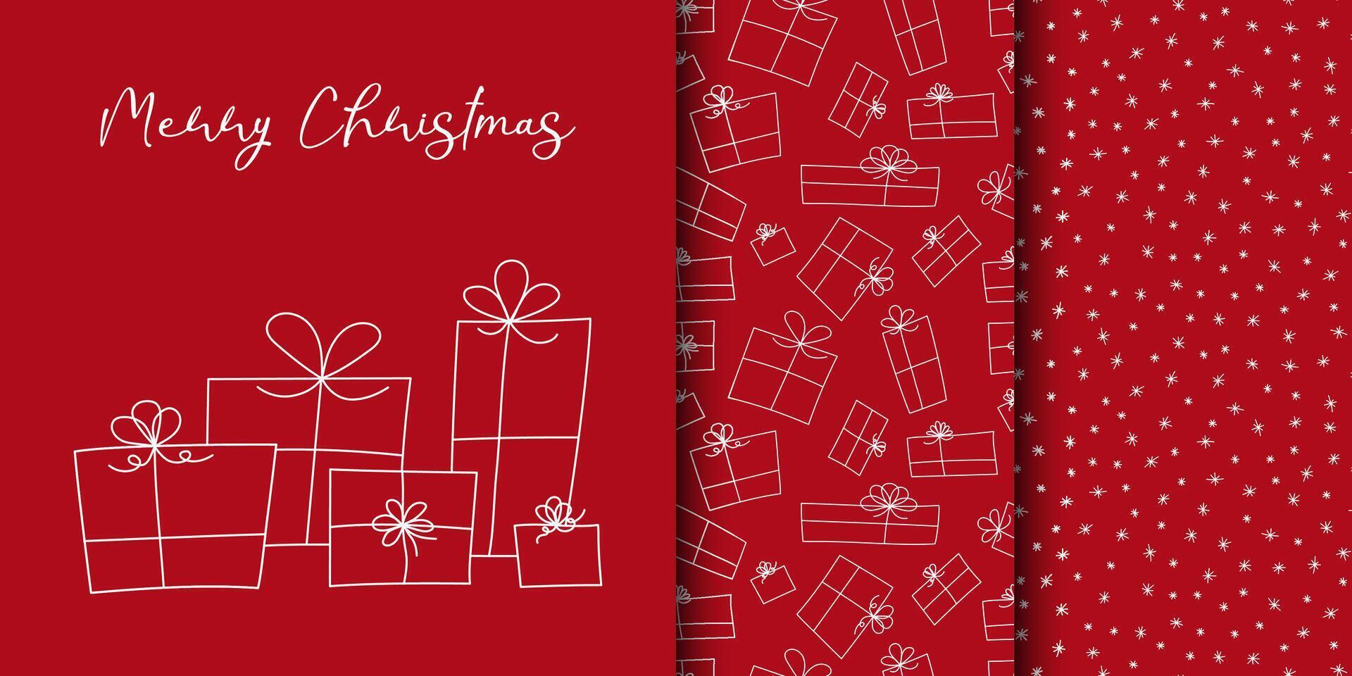 Christmas card and seamless pattern with hand-drawn doodle style gift boxes. Minimalist Christmas Design vector