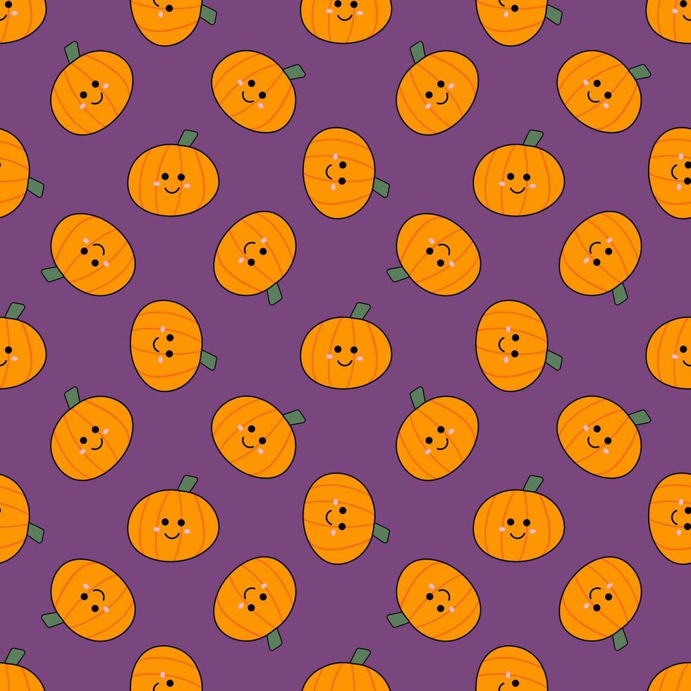 Background for the harvest festival. A ripe pumpkin with a cute face. Seamless pattern with kawaii vegetable character vector