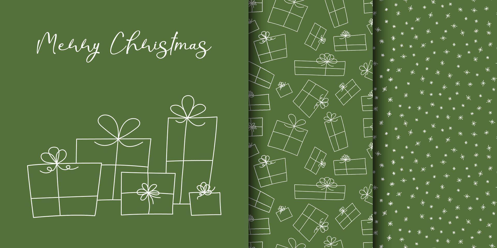 Christmas card and seamless pattern with hand-drawn doodle style gift boxes. Minimalist Christmas Design vector