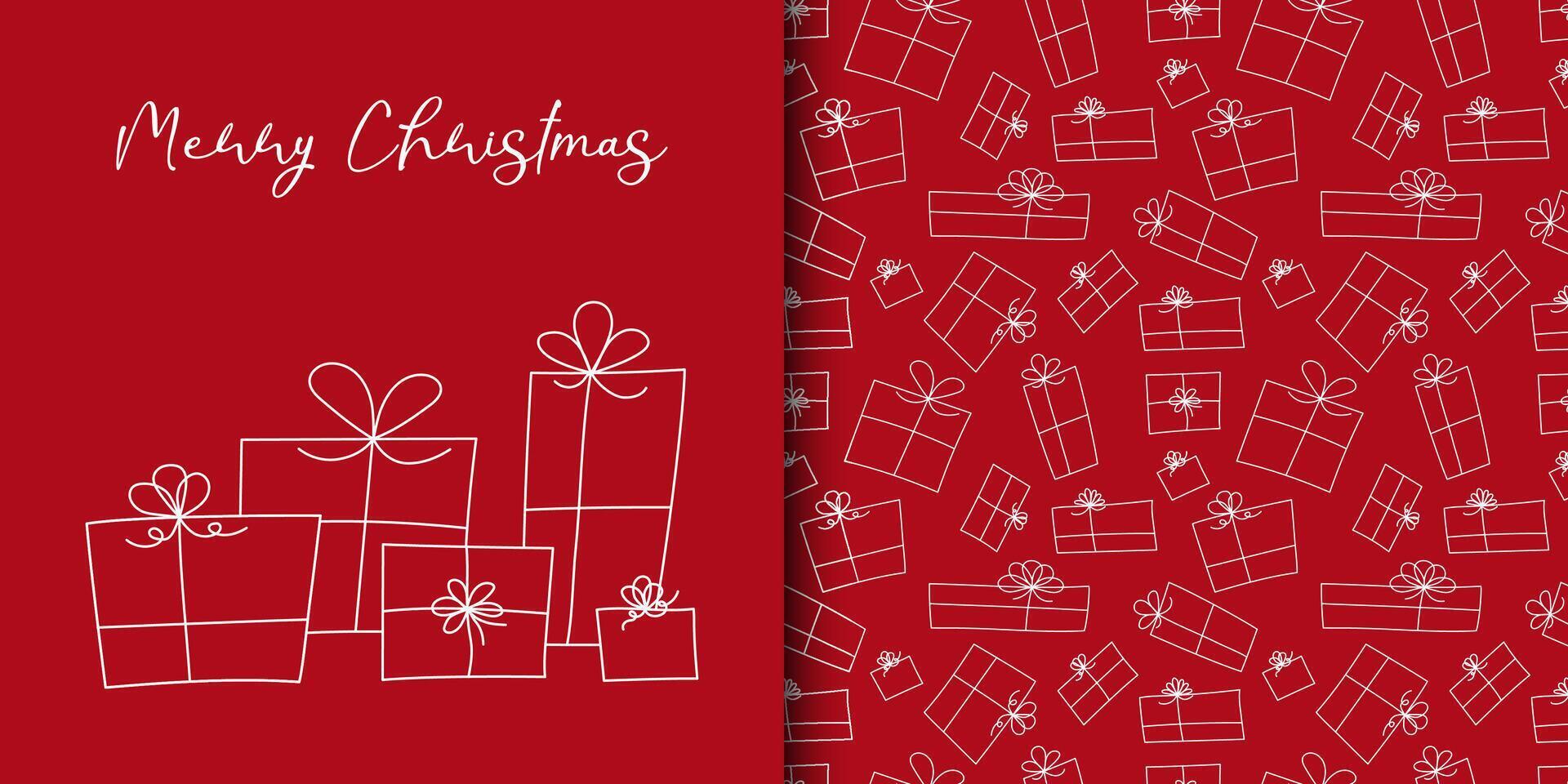 Christmas card and seamless pattern with hand-drawn doodle style gift boxes. Minimalist Christmas Design vector