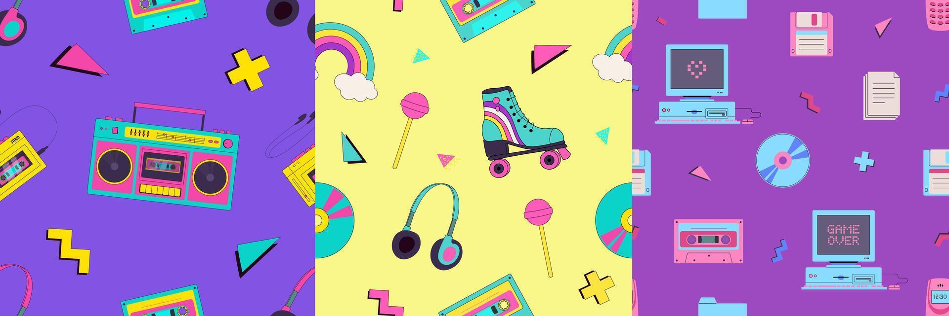 Set of retro cartoon 90s, y2k gadgets seamless pattern. Nostalgia 1990s. Vintage music, old technologies background vector