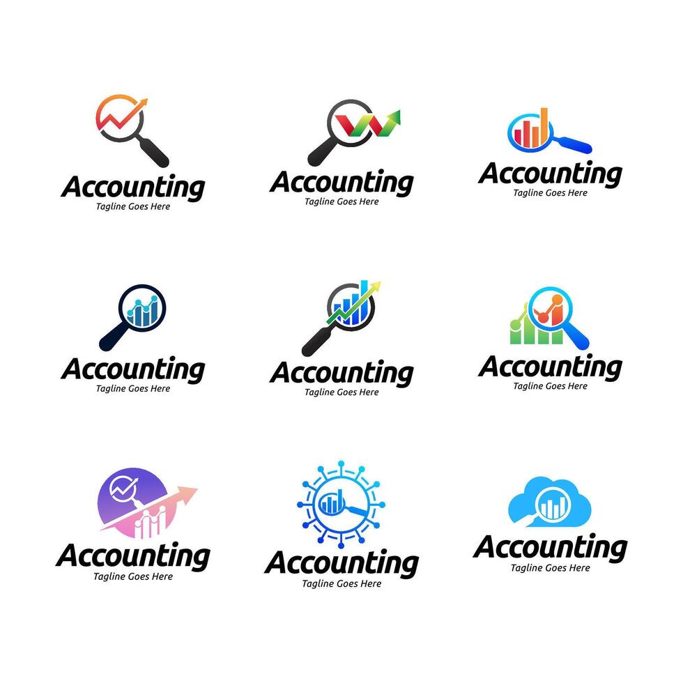 Set of logo combination of a graph and magnifier vector