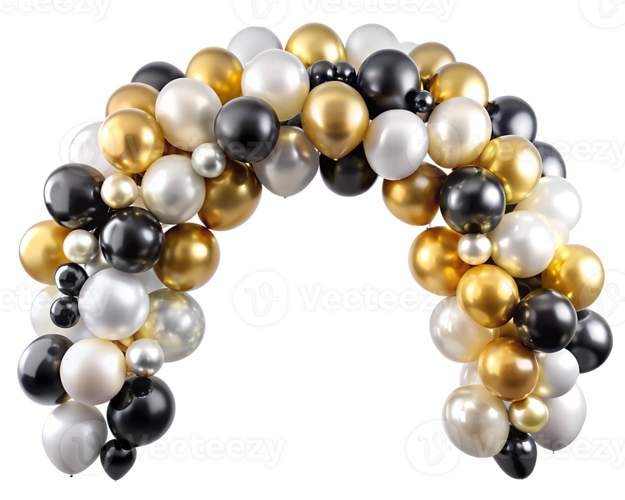 Elegant black and gold balloon arch for party decoration, isolated on transparent file png