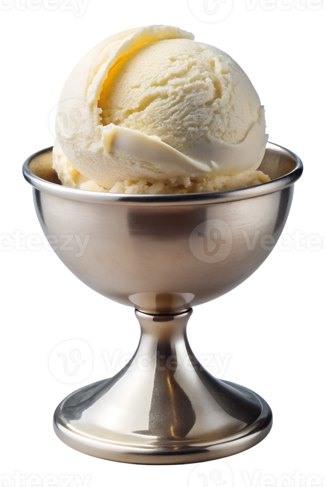 Single scoop of vanilla ice cream in metal dessert cup, transparent file png