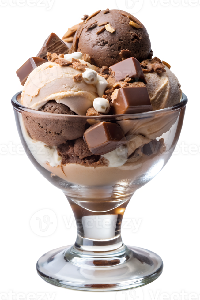 Delicious chocolate and vanilla ice cream sundae with chocolate chunks and caramel toppings, in glass cup, transparent file png