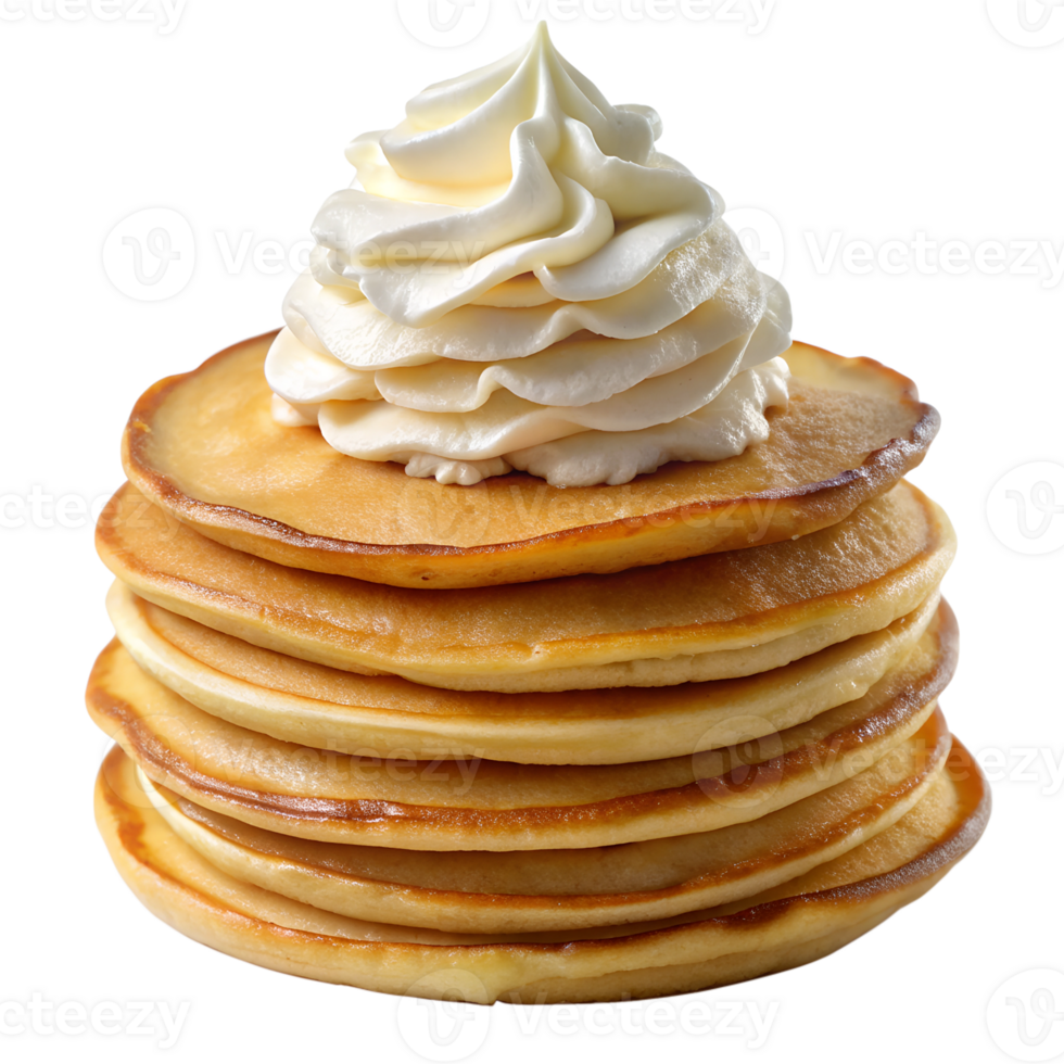 Pancakes with whipped cream topping on a stack transparent file png
