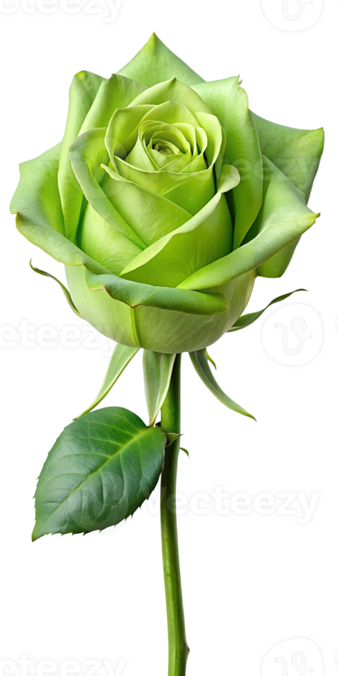 Vibrant green rose on stem stalk flower floral with single leaf, transparent file png