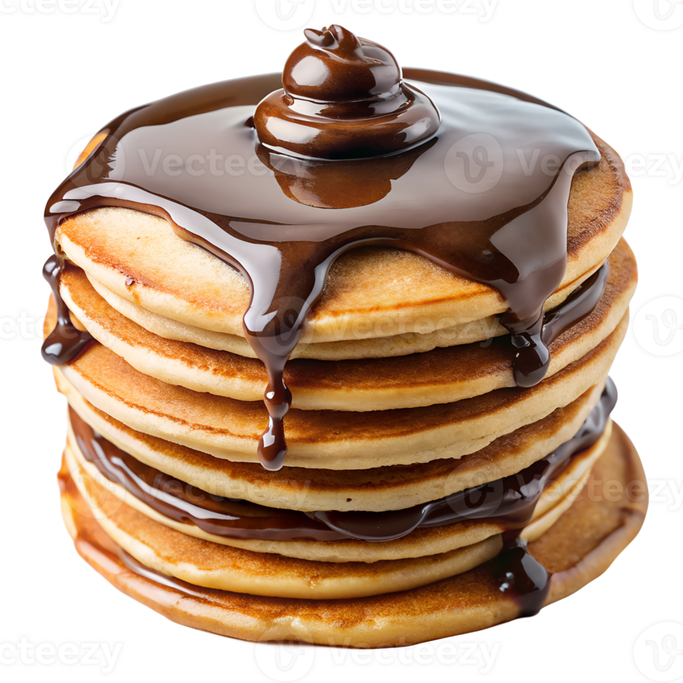 Stack of pancakes topped with thick chocolate syrup transparent file png