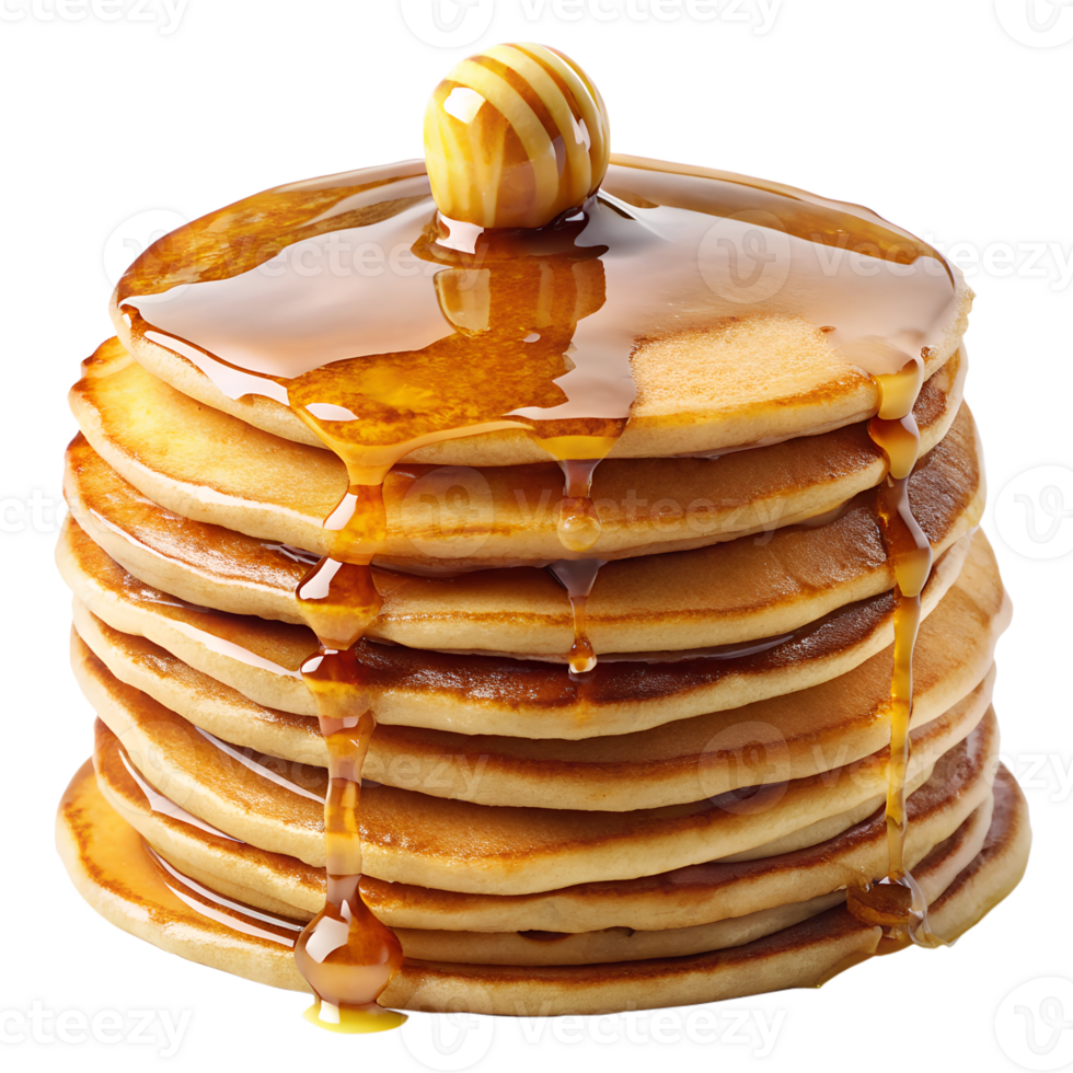 Tall stack of pancakes topped with honey and butter transparent file png