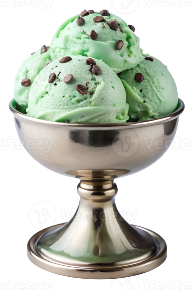Mint chocolate chip ice cream garnished with mint leaves in a silver bowl transparent file png