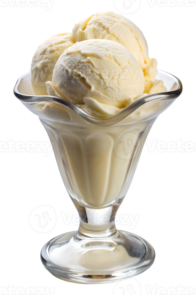 Three scoops of vanilla ice cream in glass sundae dish, transparent file png
