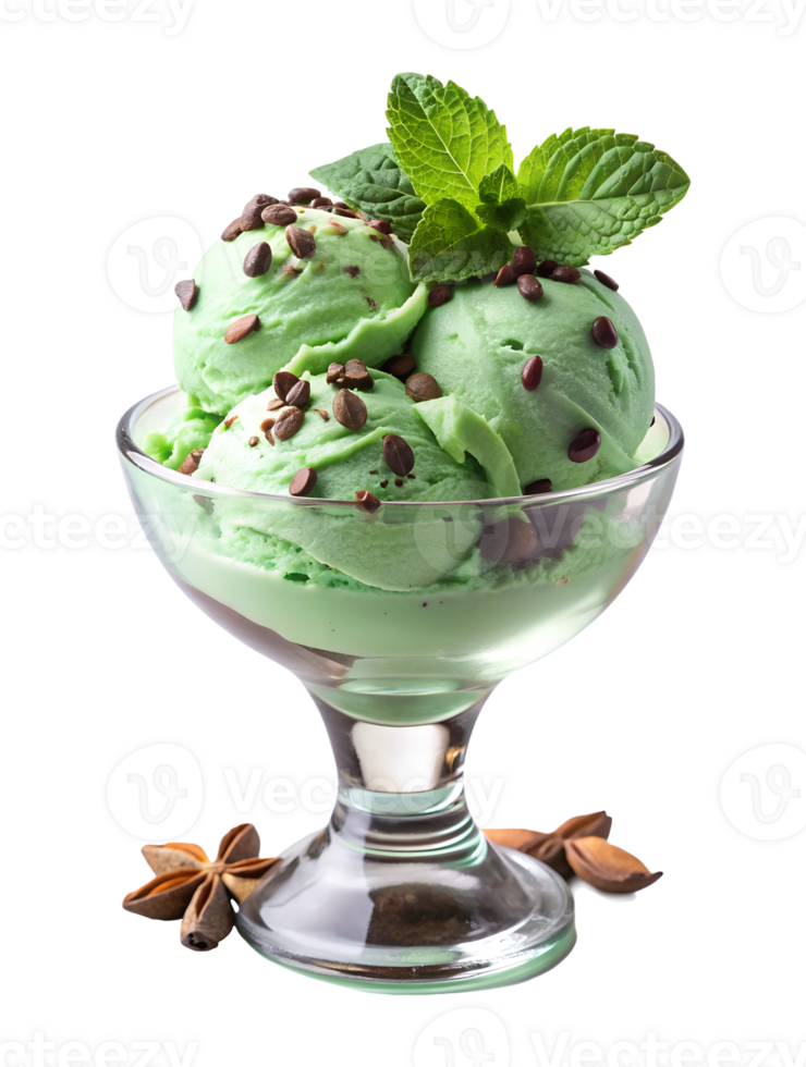 Mint chocolate chip ice cream scoops with fresh mint leaves in a glass dessert bowl transparent file png