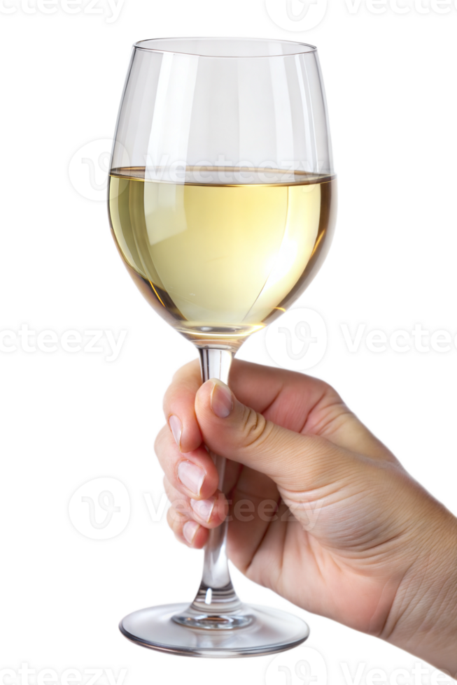 Hand holding wine glass with white wine, elegant drink for special occasions, transparent file png