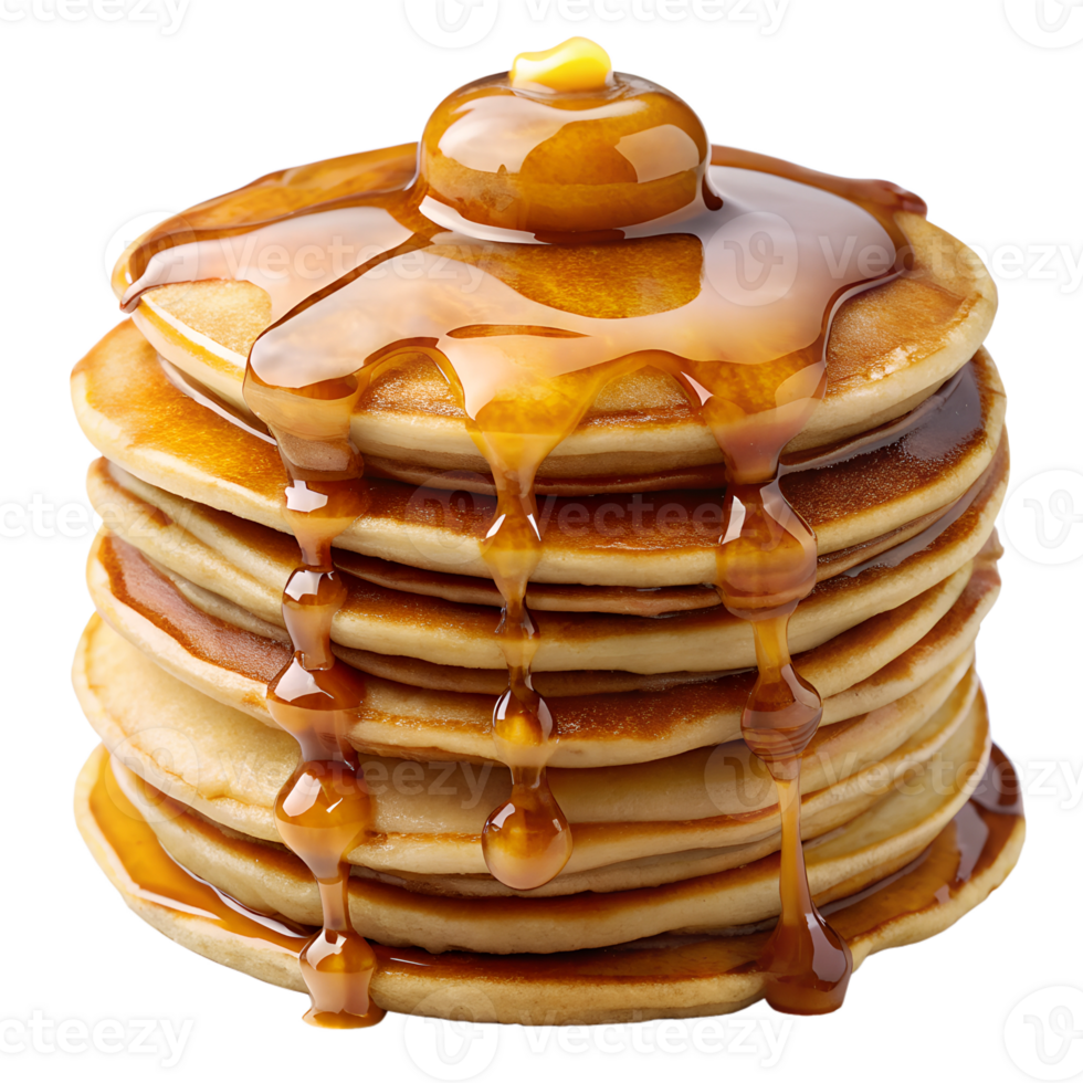Stack of golden pancakes with butter and maple syrup drizzle transparent file png