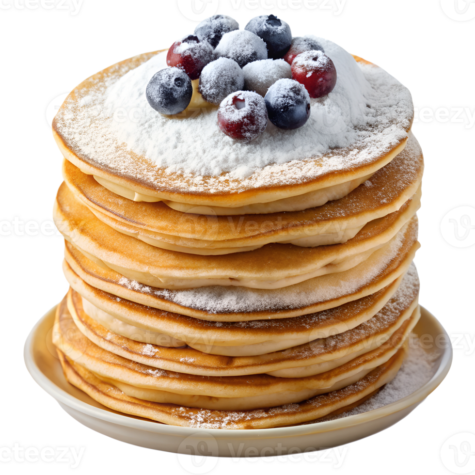 Pancakes dusted with powdered sugar and blueberries on top transparent file png