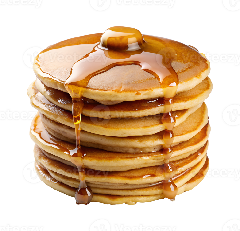 Stack of pancakes with syrup dripping and butter on top transparent file png