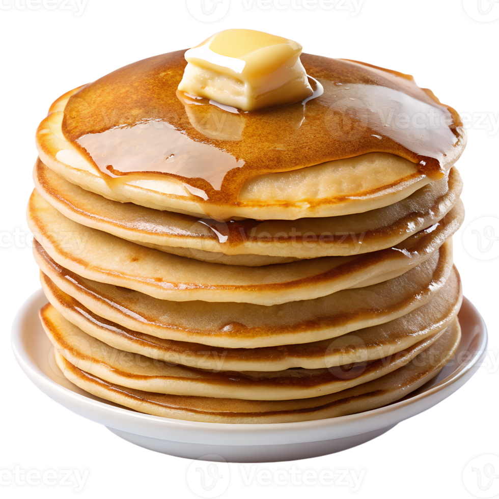 Tall stack of pancakes with butter and maple syrup on white plate transparent file png