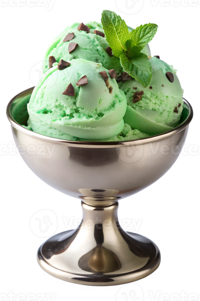 Mint chocolate chip ice cream with star anise and mint garnish in glass bowl transparent file png