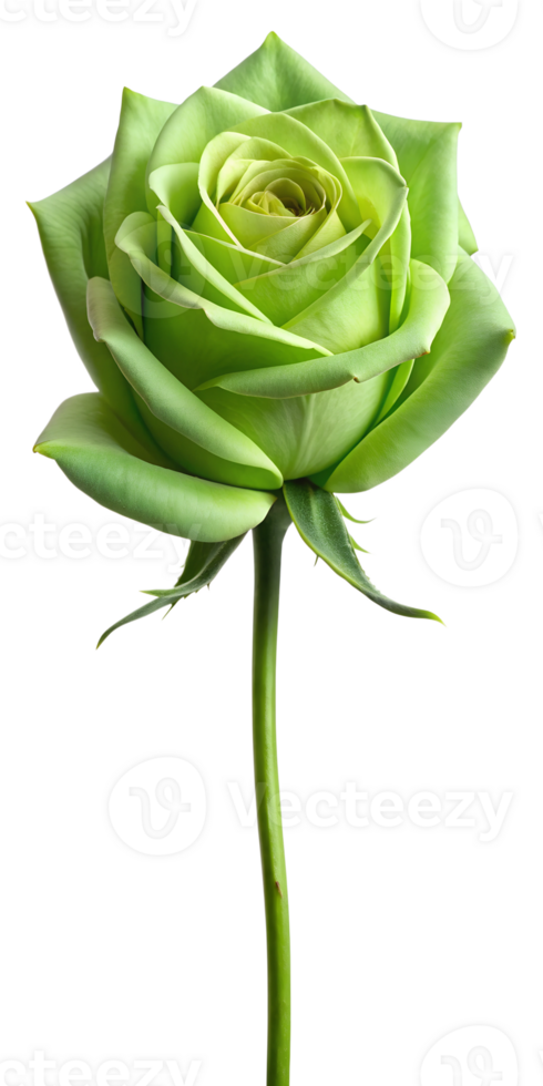 Light green rose stalk flower floral on stem with green leaves, transparent file png