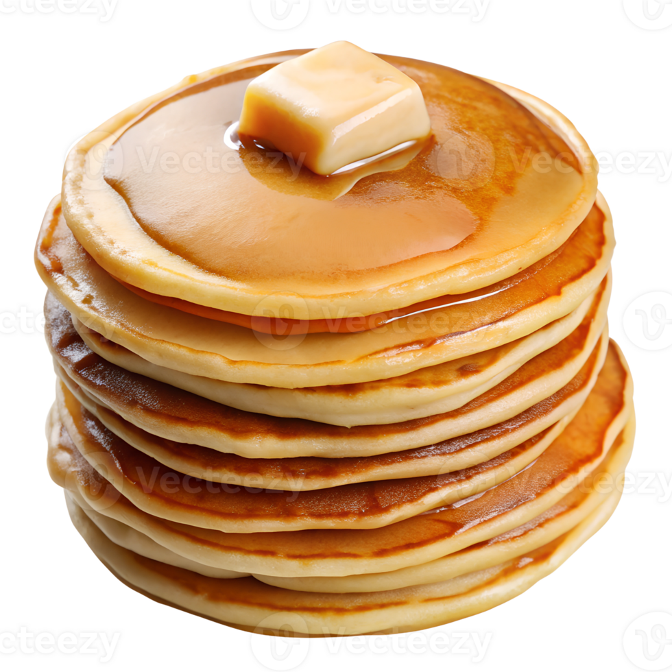 Stack of golden pancakes with butter and maple syrup on top transparent file png