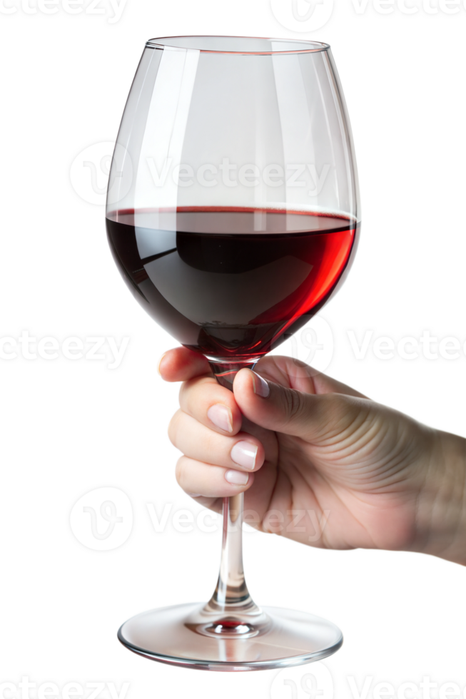Hand holding a glass of rich red wine, isolated on transparent file png