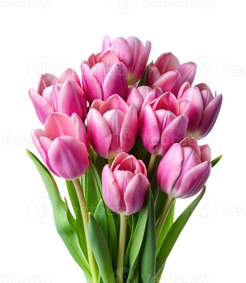 Pink tulip bouquet in full bloom perfect for wedding decor or spring designs, transparent file png