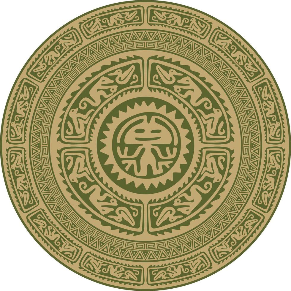 Native American round gold with green pattern. Geometric shapes in a circle. National ornament of the peoples of America, Maya, Aztecs, Incas. vector