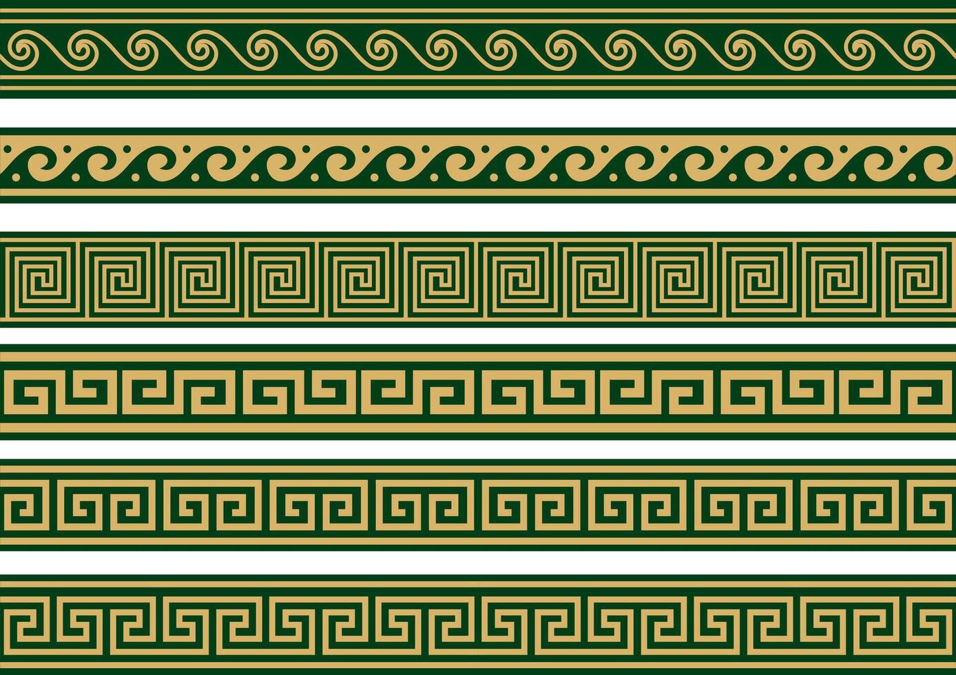 Set of seamless greek classic ornament. Pattern for a border and a frame. Ancient Greece and the Roman Empire. Endless gold with green meander. vector