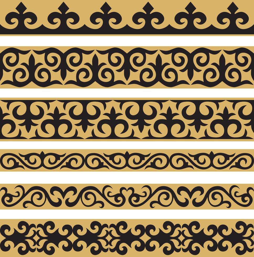 Set of gold and black seamless Kazakh national ornament. Ethnic pattern of the nomadic peoples of the great steppe, the Turks. Border, frame Mongols, Kyrgyz, Buryats, Kalmyks. vector