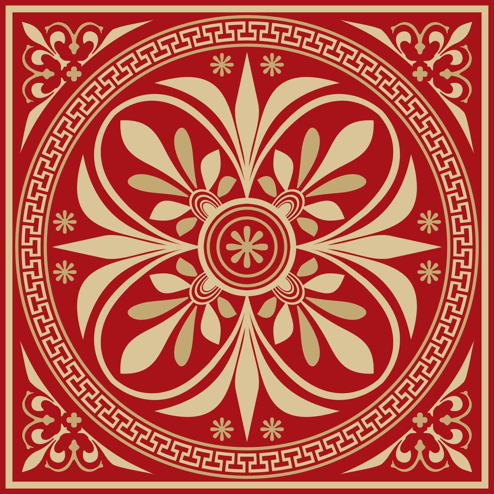 gold with red classic Greek square ornament. Rectangle of Ancient Greece and Roman Empire. Byzantine painting of walls, floors and ceilings. Decoration of European palaces. vector