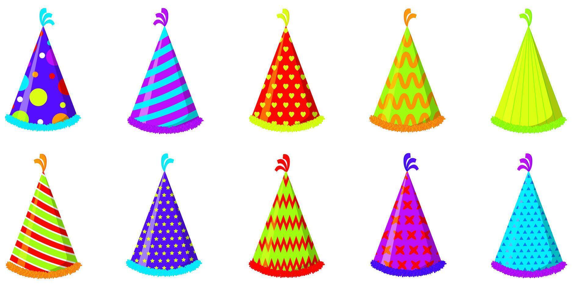 Birthday party hats set in different colors and shapes. vector