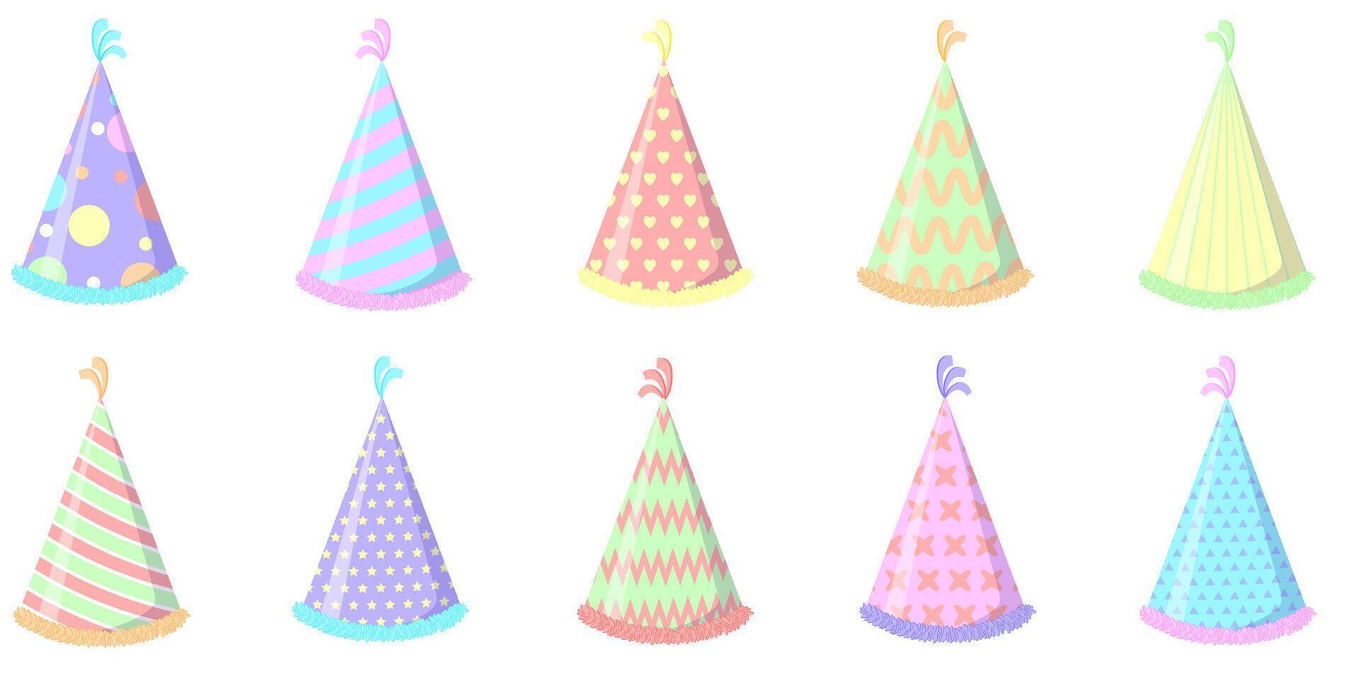 A set of birthday hats in different pastel colors and shapes. vector