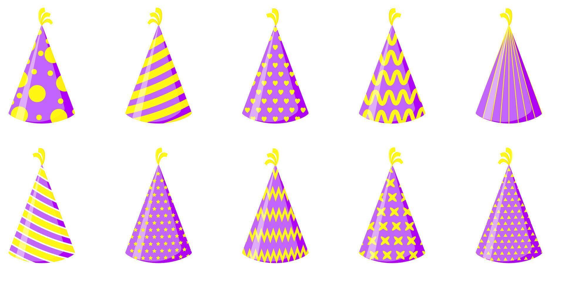 Set of holiday hats in yellow and purple colors. vector