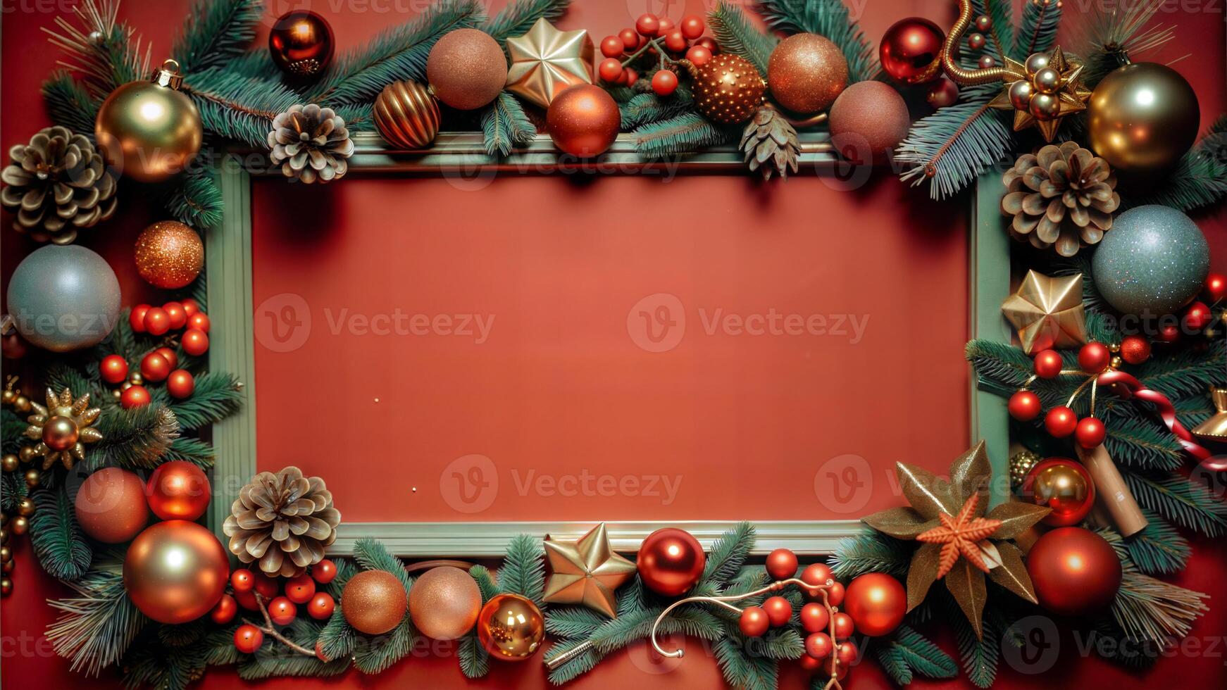 Christmas decoration on red background with space for text. Top view. photo