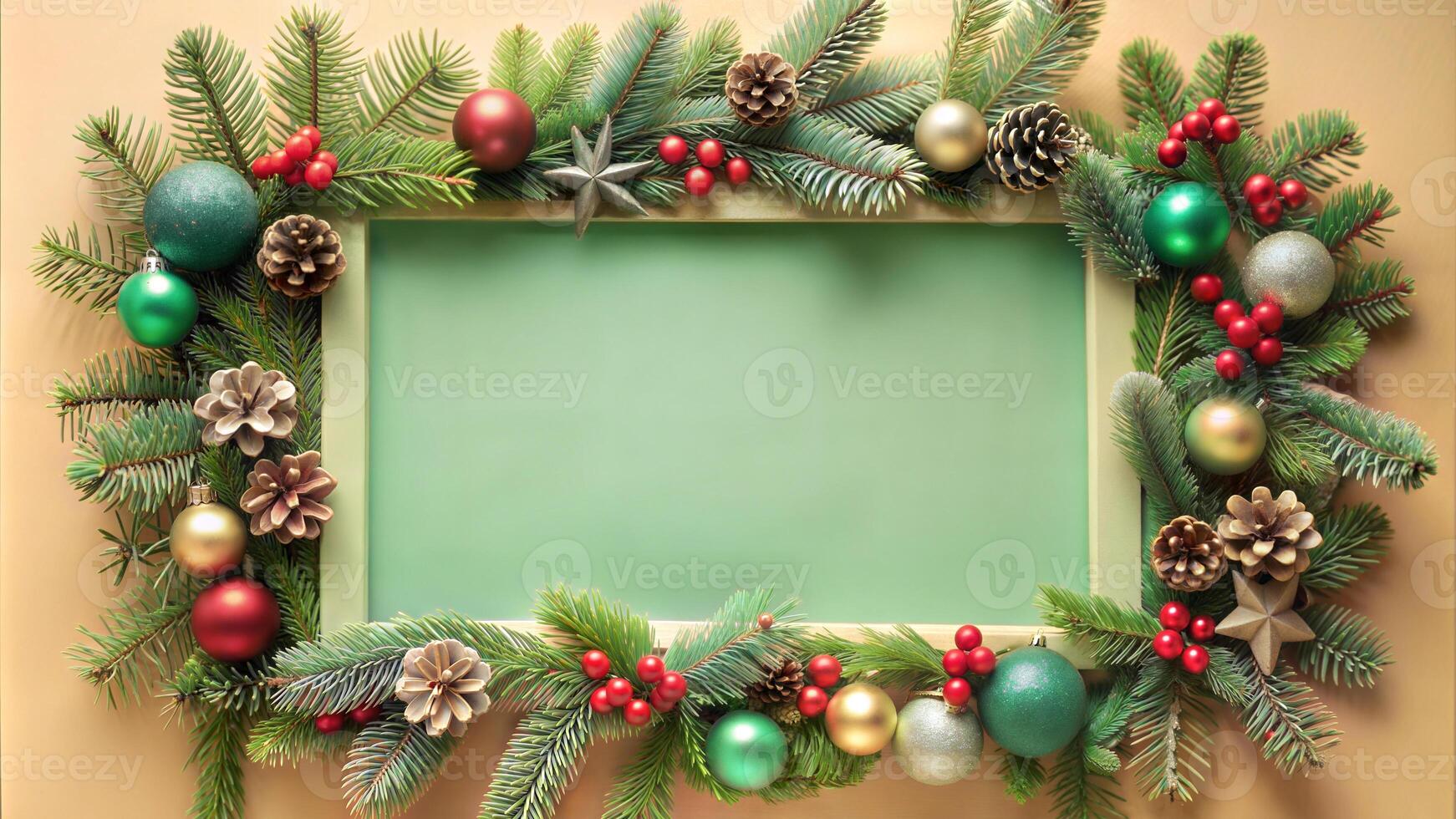 Christmas and New Year background with green chalkboard, fir branches, pine cones and red berries photo