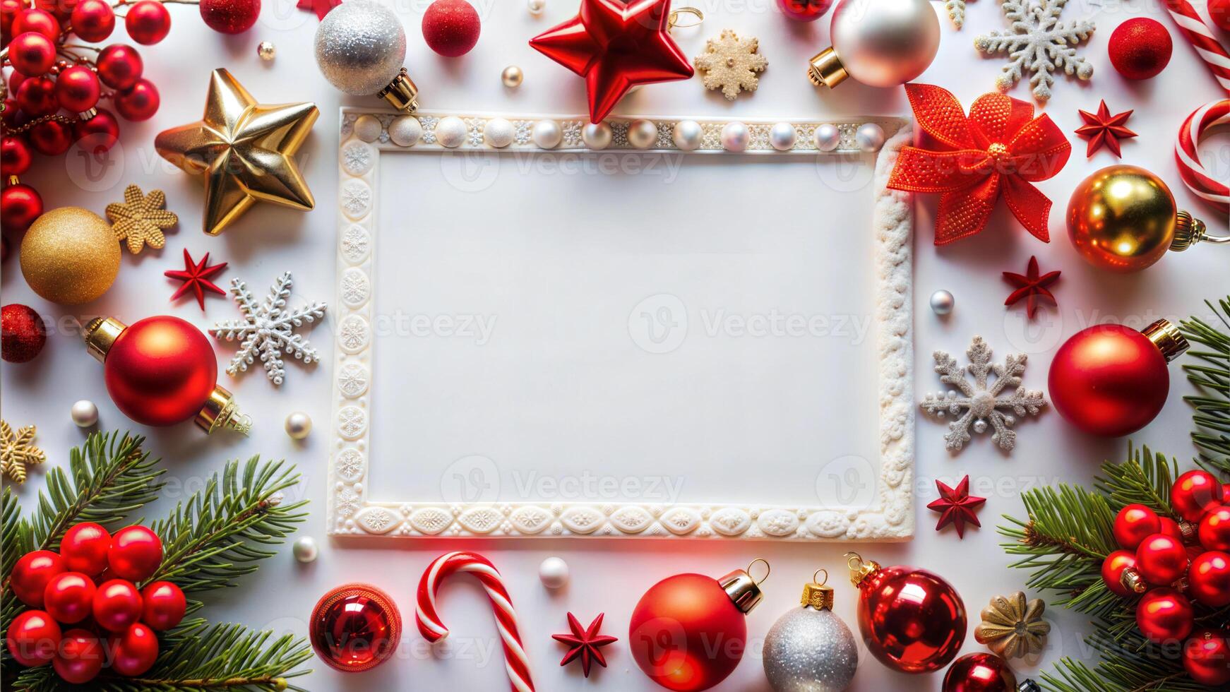 Christmas background with frame and decorations on white wooden table. Top view with copy space photo